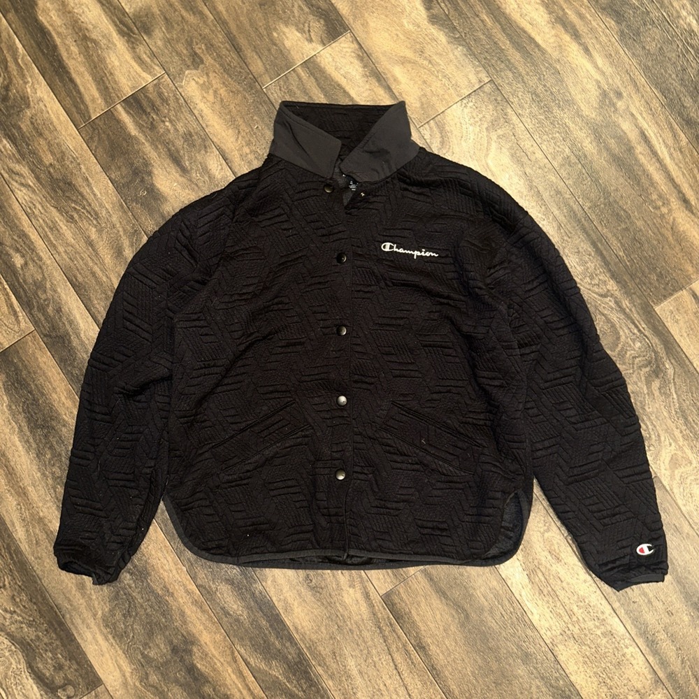 Champion Soft Touch Texture Jacket Snap Button Script Women's Medium Black